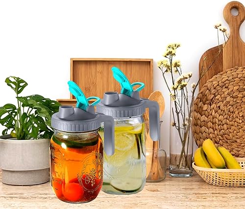 Miniatura 5 de Paquete de 2 tapas de boquilla para tarro Mason  Boquilla para verter tarro Mason con asa  Tapa de boquilla para verter tarro de masón verde azulado