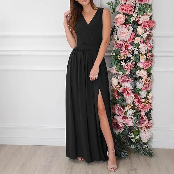 Women's Maxi Evening Dress Elegant V Neck Sleeveless High Slit Long Dress Sexy Formal Gowns Dresses Ladies Stretch Slim Fit Prom Dresses for Bridesmaids Club Cocktail Party Wedding