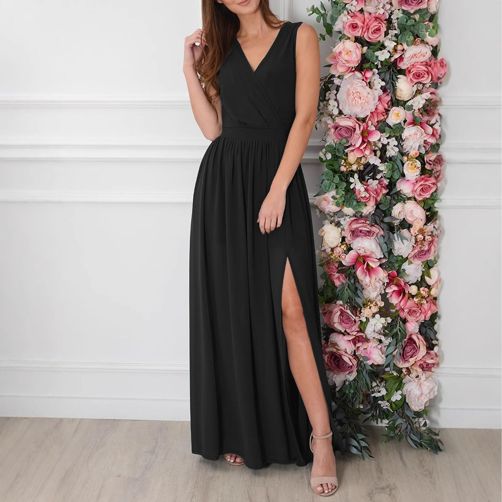Abendkleider Elegant für Hochzeit Sexy V-Ausschnitt Maxikleid mit Schlitz Lang Bodycon Ärmellos Ballkleider Formeller Festlich Cocktailkleid Abschlusskleid Partykleid Brautjungfernkleider
