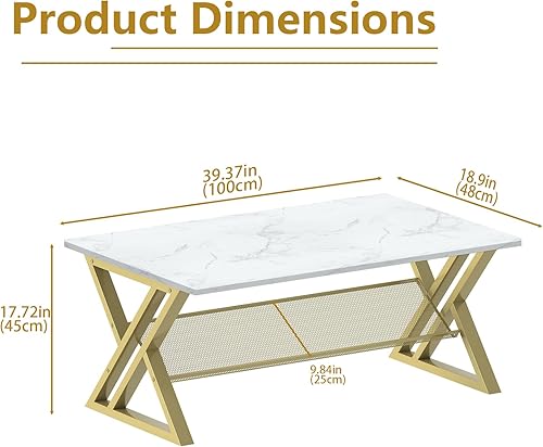 Miniatura 74 de Mesa de Centro para Sala de Estar Mesa Central Blanca, Mesa de Té Rectangular Simple y Moderna de Mármol Sintético con Marco de Metal Dorado Mármol