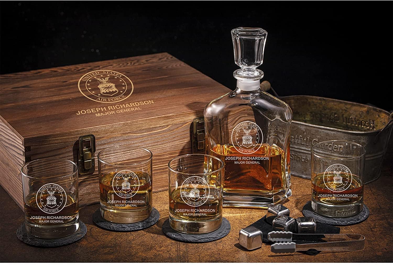 Personalized Whiskey Decanter Sets - For Military, Army, Navy, Air Force, Coast Guard, Marine - Active, Retired - Gift for Husband, Dad, Son - Custom Engraved Name, Rank, Date