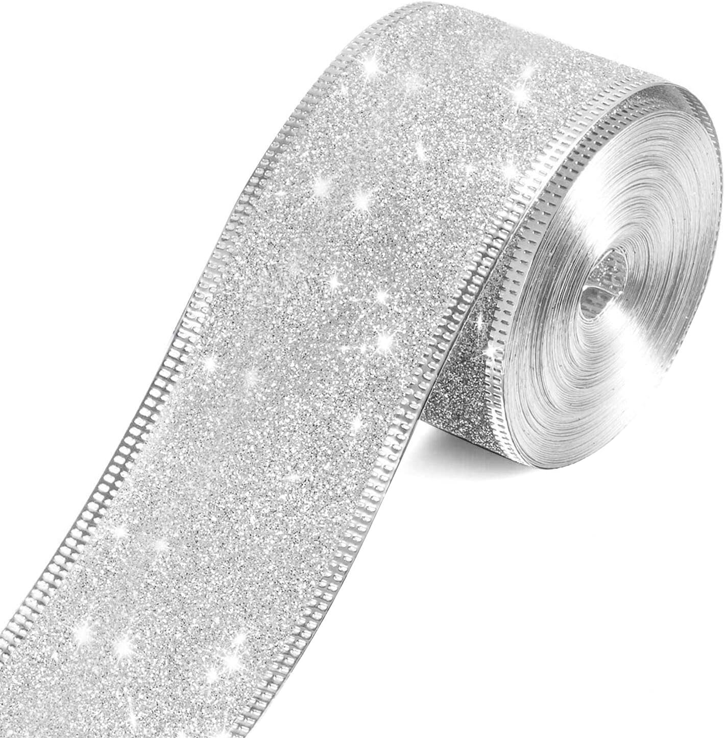 63mm Wide Wire Edge Glitter Ribbon for Christmas Crafts, Silver Ribbon