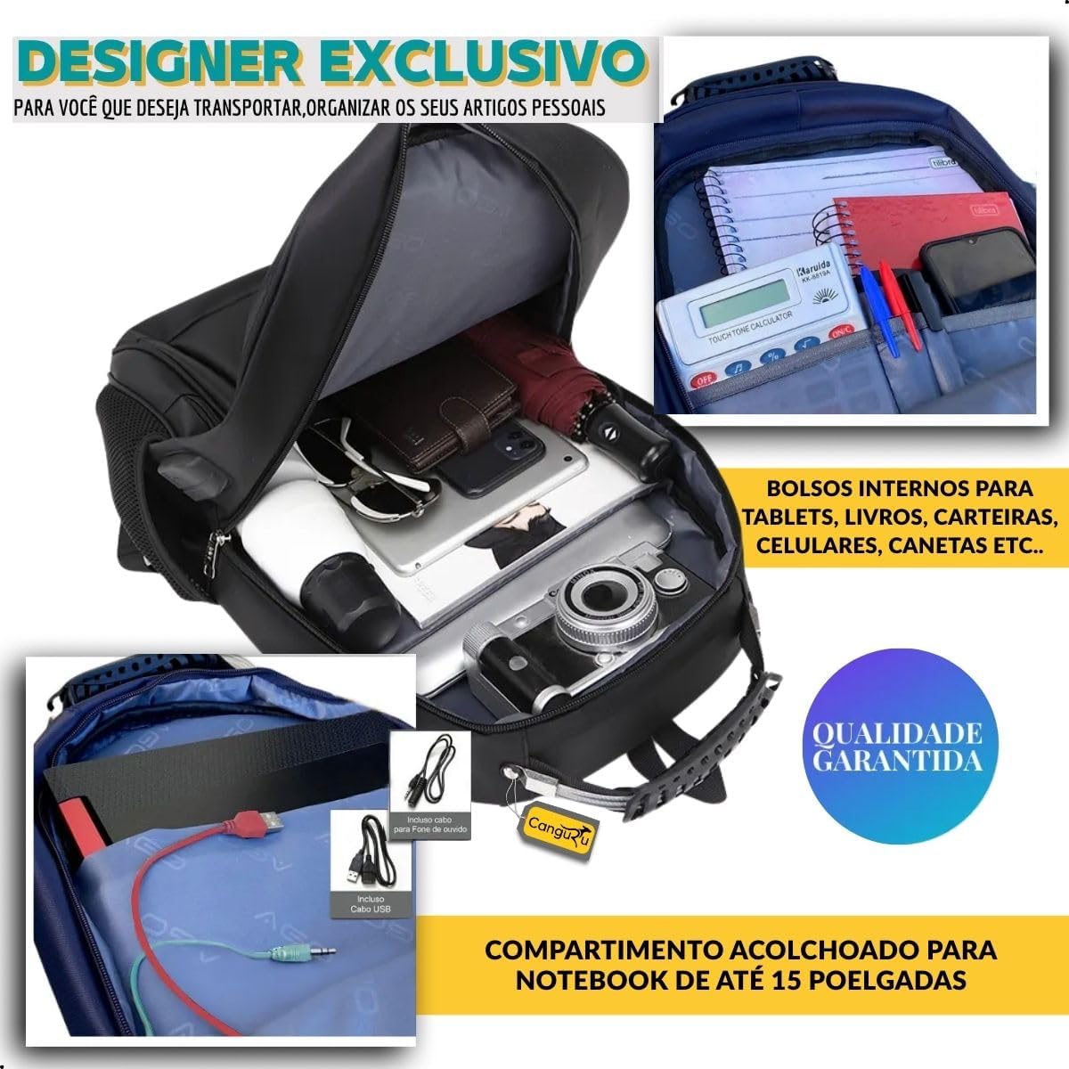 Mochila Bolsa Masculina Feminina Notebook Reforçada Semi Impermeável Executiva Faculdade Trabalho Viagem Resistente Cabo De Aço Saída Usb Saída Fone de Ouvido Mochila Bolsa Masculina Feminina Notebook Reforçada Semi Impermeável Executiva Faculdade Trabalho Viagem Resistente Cabo De Aço Saída Usb Saída Fone de Ouvido
