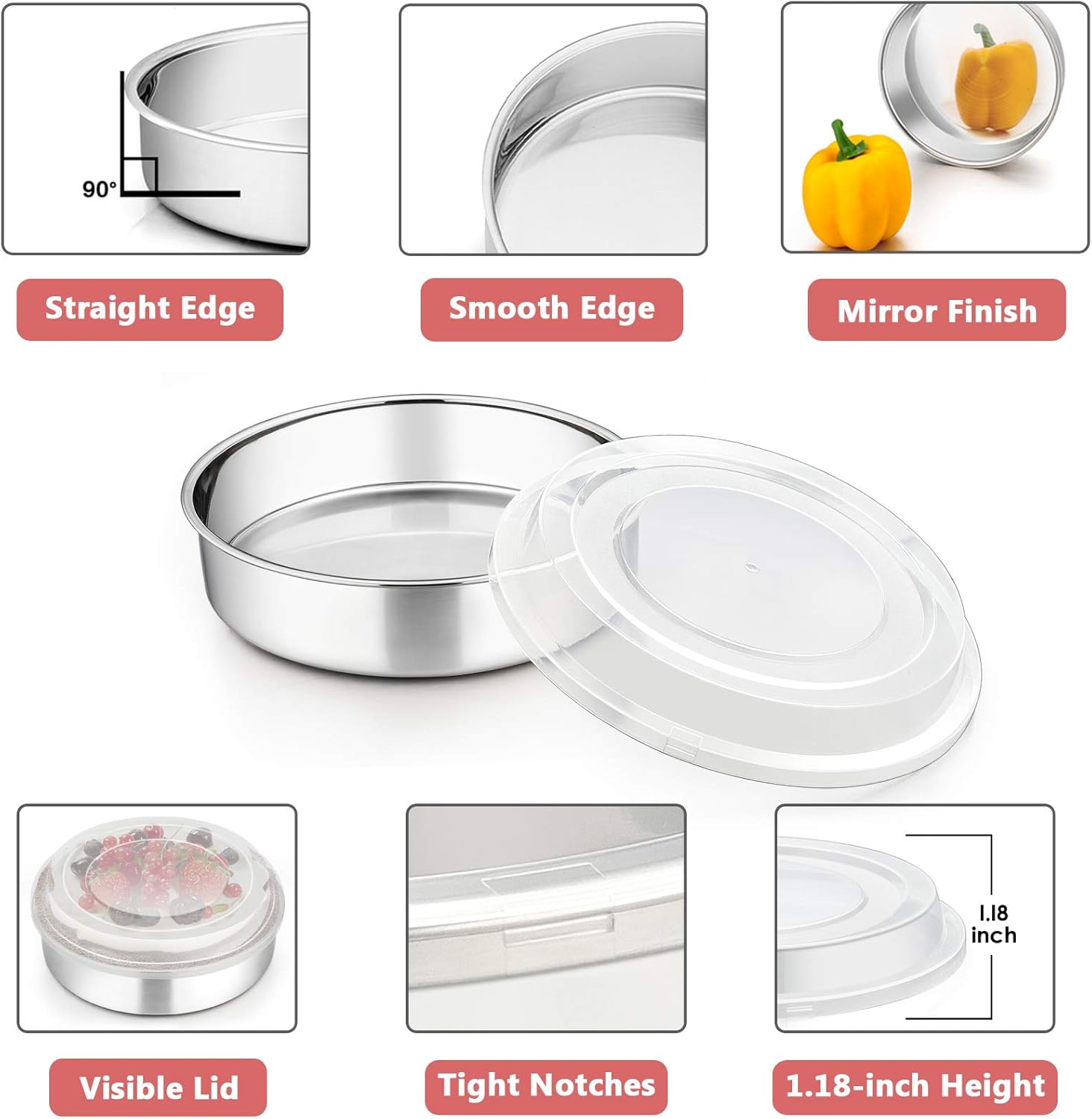 P&P CHEF 8-inch Round Baking Cake Pan with Lid, Stainless Steel Cake Pan and Plastic Cover Set, For Wedding Birthday Picnic, Reusable & Durable, Dishwasher Safe (2 Pans + 2 Lids) - Image 3