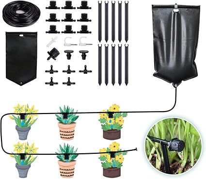 Drip Irrigation System Automatic Watering System With 10l Water Bag For Indoor And Outdoor Plants Adjustable Dripper Watering Kit For Potted Plants Garden Greenhouse 10m Amazon De Garden