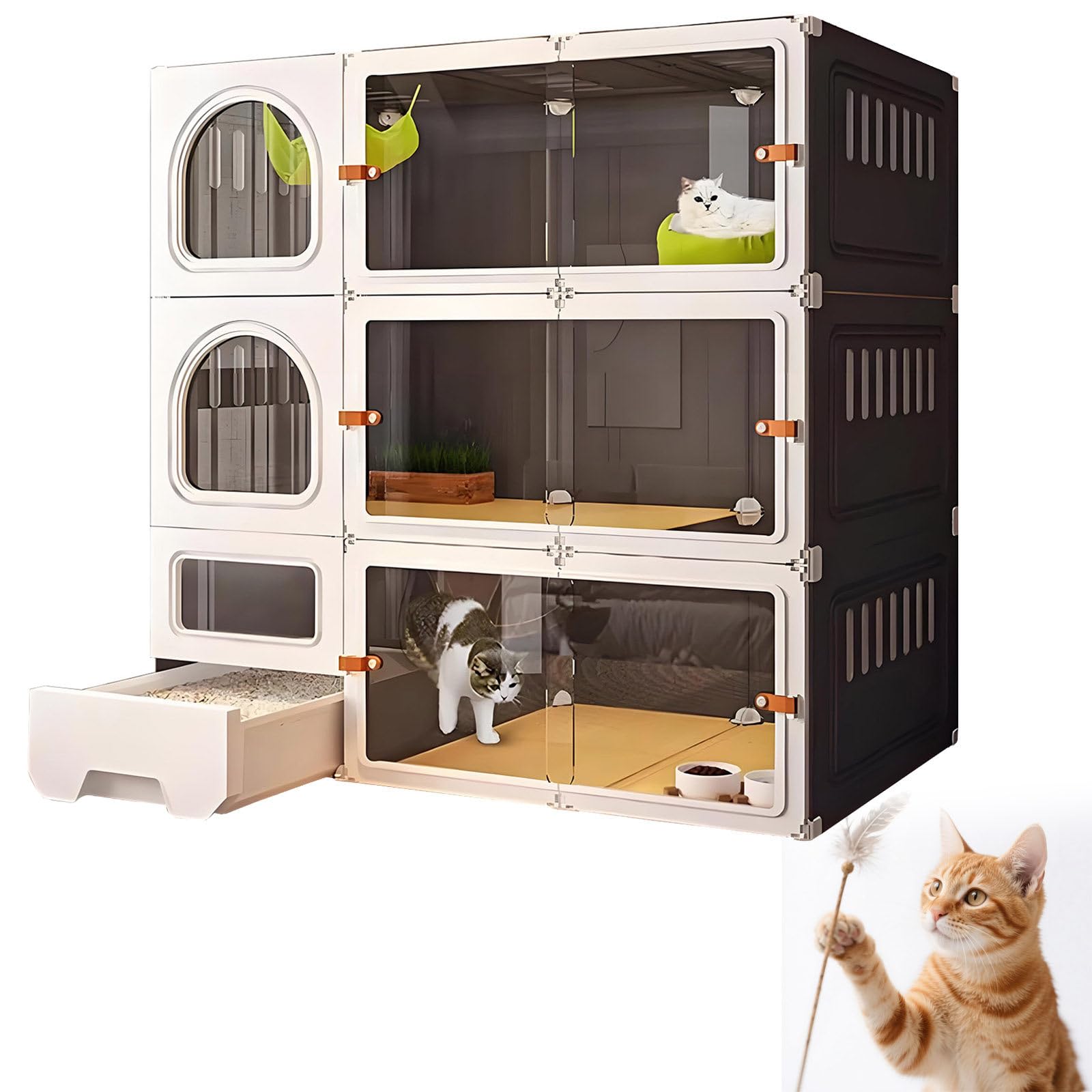 Grande gabbia per gatti a 3 livelli, per interni, trasparente, con lettiera integrata, recinto per gatti da esterno, spazioso condominio per gatti, bianco