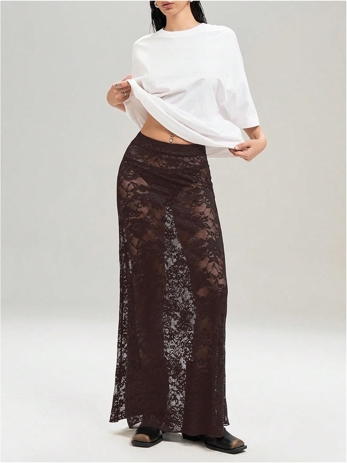 Milumia Women's Sexy Sheer Mesh Lace Maxi Skirt Y2k See Through Flowy Long Skirt - Image 4