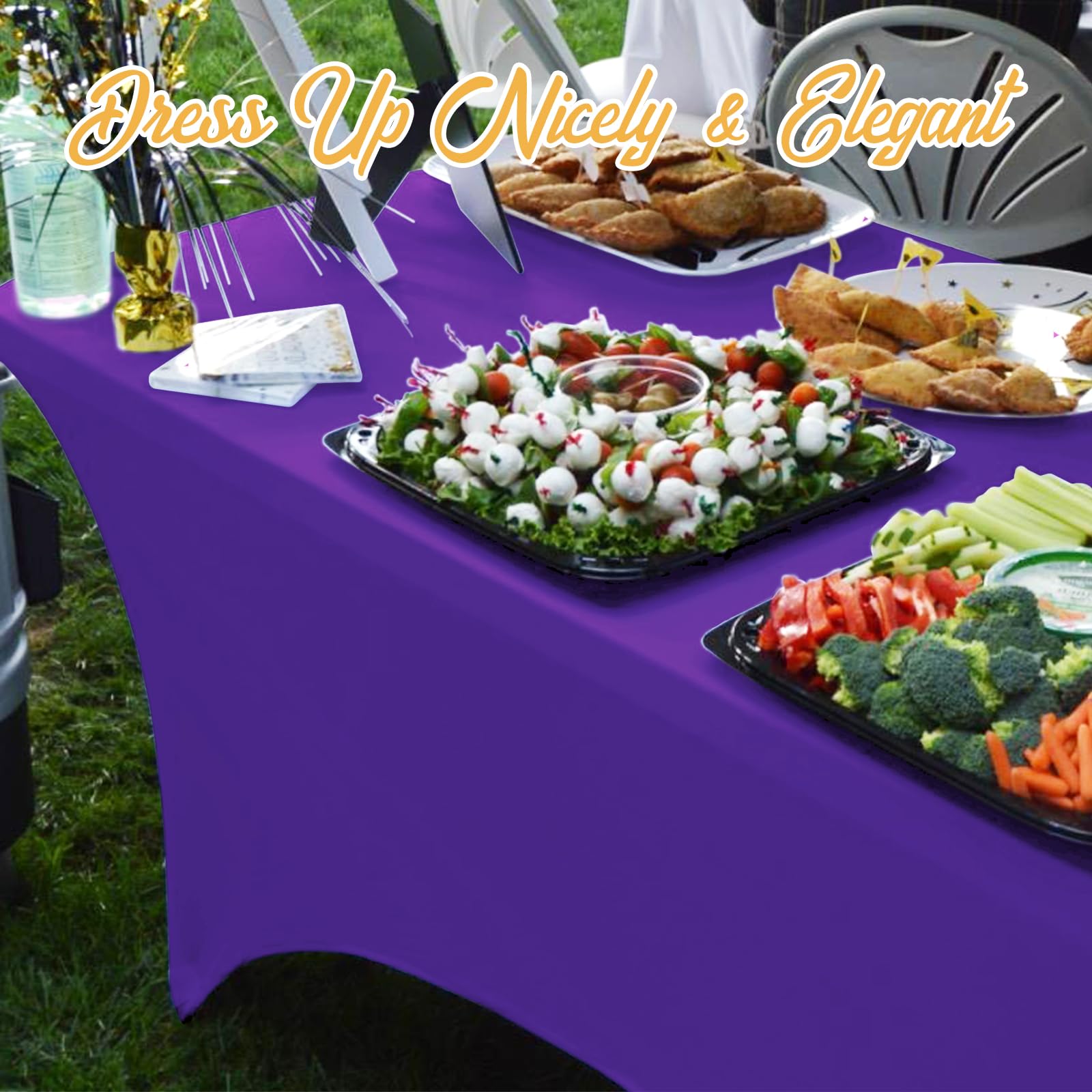 Paquete de 6 manteles de elastano ajustables de color morado, manteles elásticos de 6 pies para mesas rectangulares de 6 pies, tela de lino elástica para bodas, banquetes, fiestas de cumpleaños, bufés