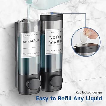 Shampoo and Conditioner Dispenser,Unisense Shower Soap Dispenser 2 Chamber No Drill Wall-Mounted Shampoo Dispenser for Shower Wall Mounted Shower Dispenser for Bathroom Hotel Large Capacity,Black