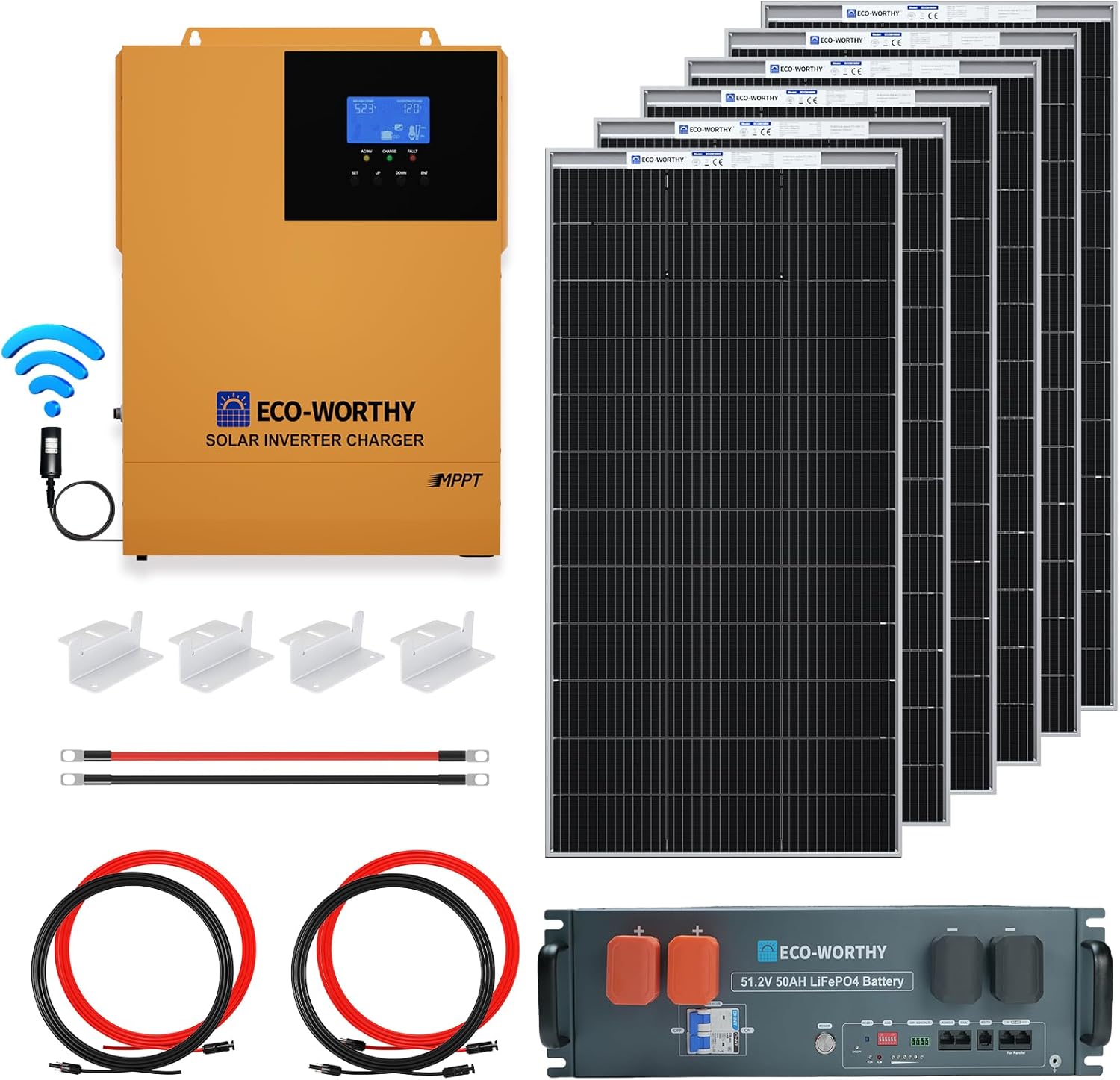 ECO-WORTHY 48V Off Grid Solar System Complete Kit 1200W 5.52KWH Solar Panel Kit for Home：6pcs 195W Bifacial Solar Panels + 1Pc 48V 50Ah LiFePO4 Server Rack Battery + 3500W All-in-one Solar Inverter