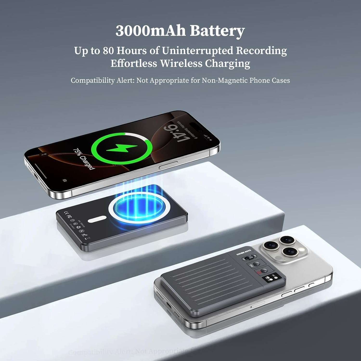Chime Note AI Voice Recorder - 64GB with Free Transcribe & AI Summary by ChatGPT, APP & Web Control, 121 Languages, Wireless Charging, for Meetings/Calls Gray