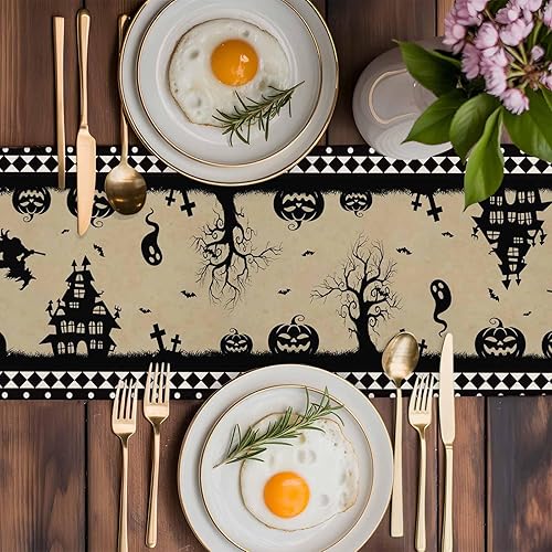 Vista 4 de Camino de mesa de Halloween, 36 pulgadas de largo, casa encantada, camino de mesa de calabaza, camino de mesa de cocina, comedor, tocador, bufandas