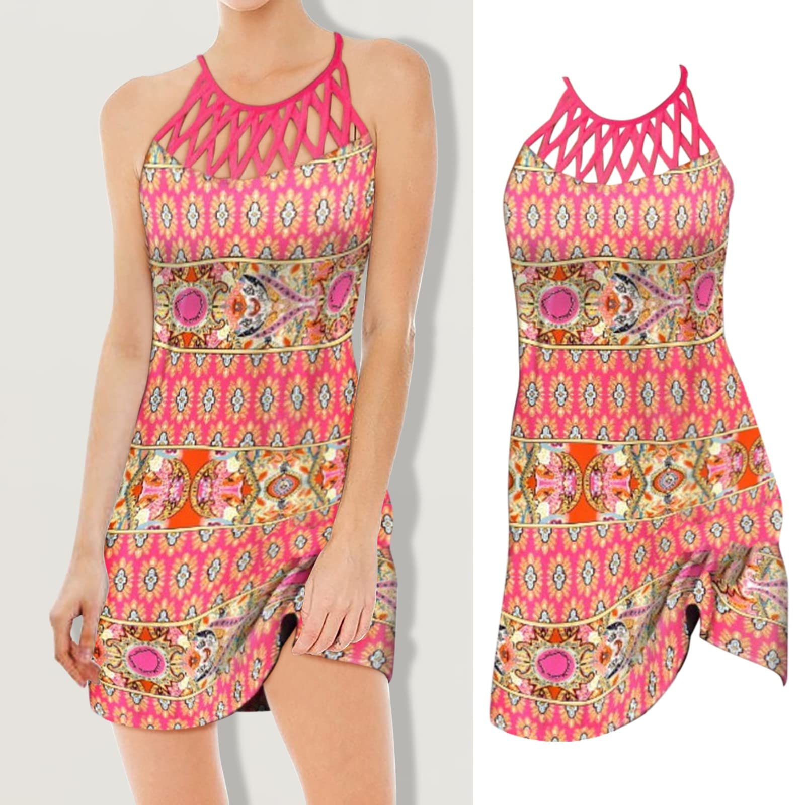 Vestido de malla casual sin mangas estampado de estilo étnico para primavera y verano para mujer