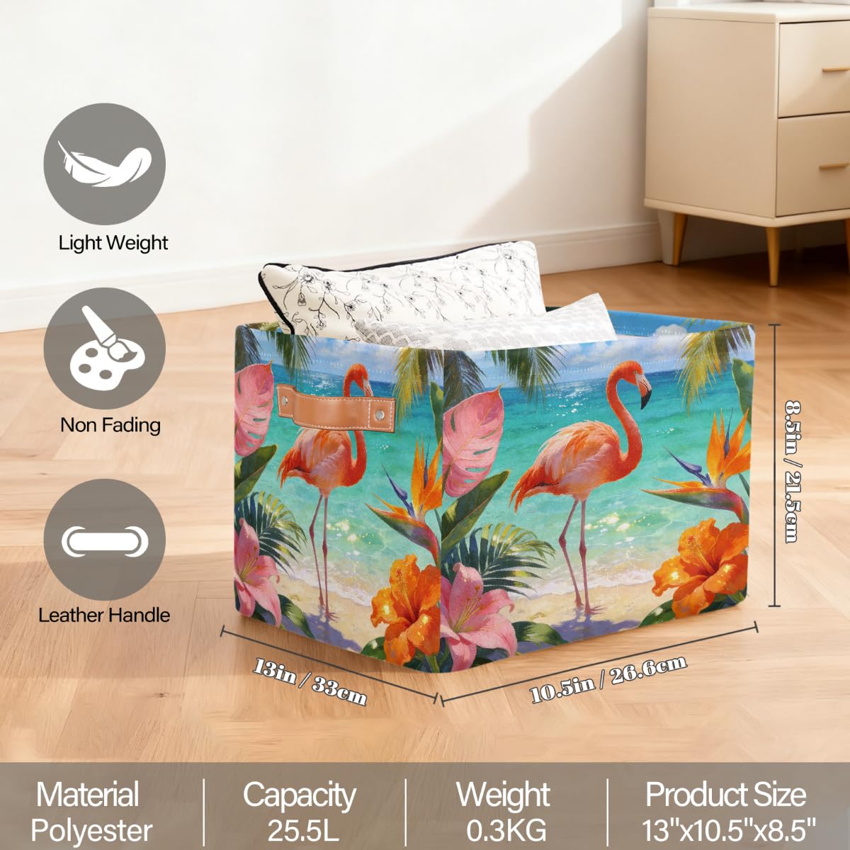 Summer Beach Flamingo Rechteckiger Aufbewahrungskorb mit Ledergriffen, 2 Stück, faltbarer Stoff-Aufbewahrungskorb für Schrank, Badezimmer, Wohnzimmer, Büro, Spielzeug, Organizer, Wäschekorb