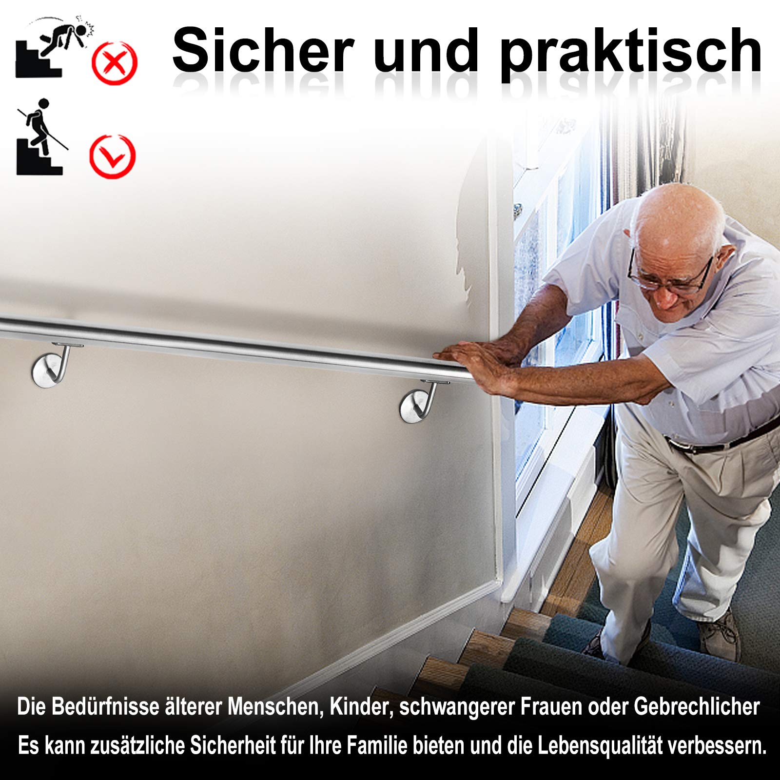UISEBRT Poręcz ze stali nierdzewnej, 120 cm, poręcz schodowa, poręcz ścienna do użytku wewnątrz i na zewnątrz, na schody, balkon (120 cm)