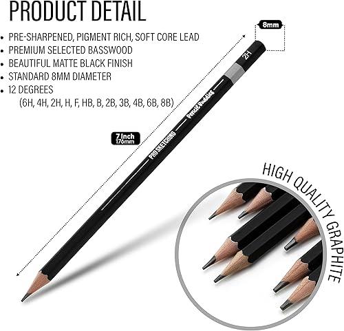 Miniatura 2 de Juego de lápices de grafito profesional de 12 piezas (8B-6H) para bocetos, sombreados y proyectos de arte. Ideal para principiantes, estudiantes y