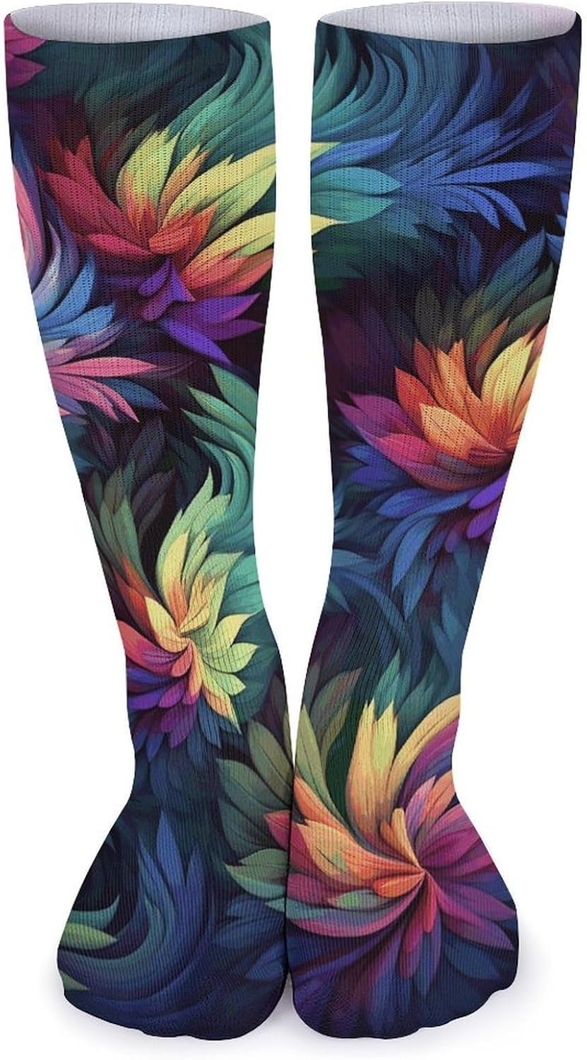 Breathable Crew Sock, Moisture Wicking, Athletic Calf Socks, Cozy | Colorful Flower Compression Socks for Women Men, Lightweight High Work Socks for Business, Casual