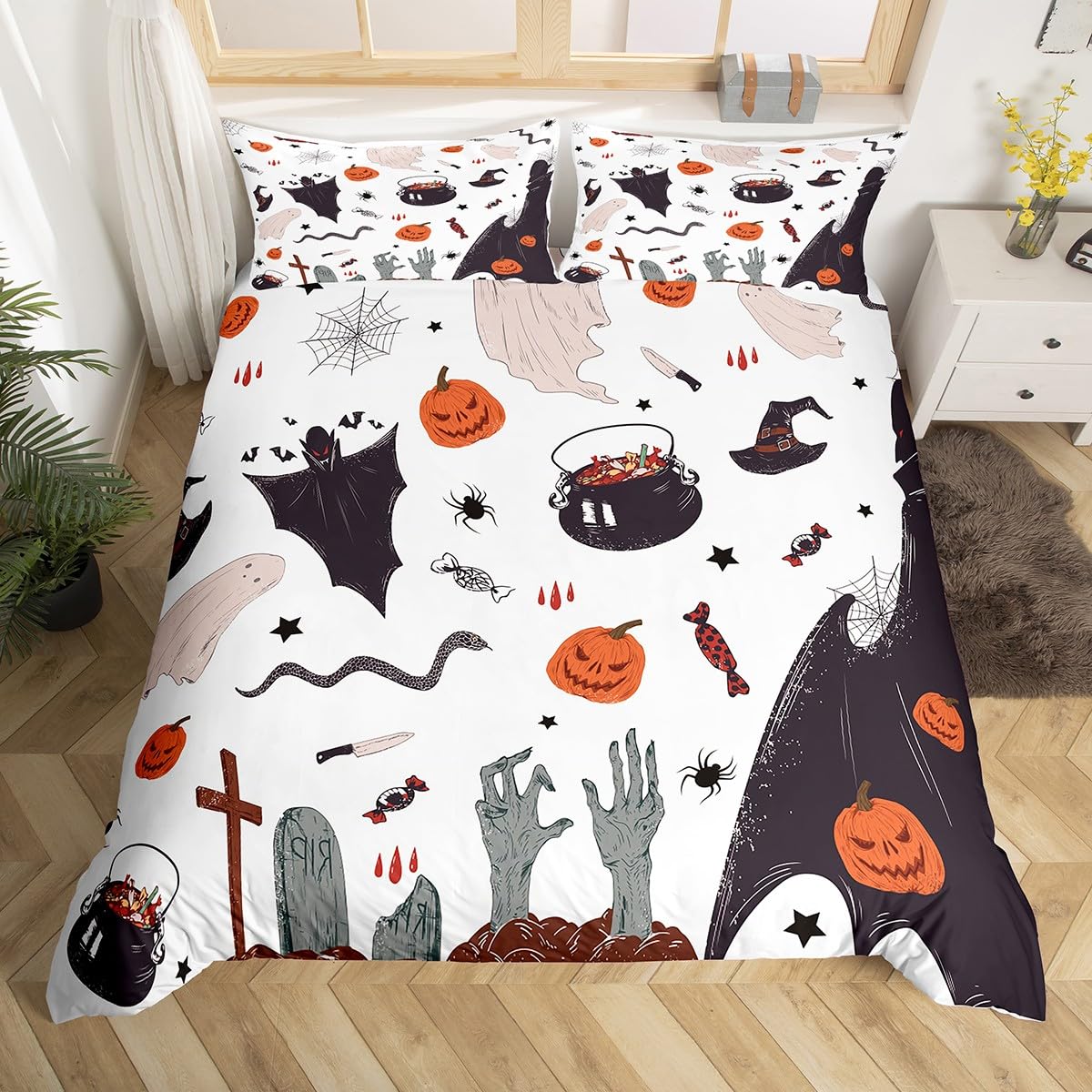 Feelyou Halloween Themed Bedding Set for Girls Boys Kids Twin Size Wizard Ghost Comforter Cover Set Room Decorative Spider Pumpkin Lantern Duvet Cover Scary Halloween Bedspread Cover Bedclothes