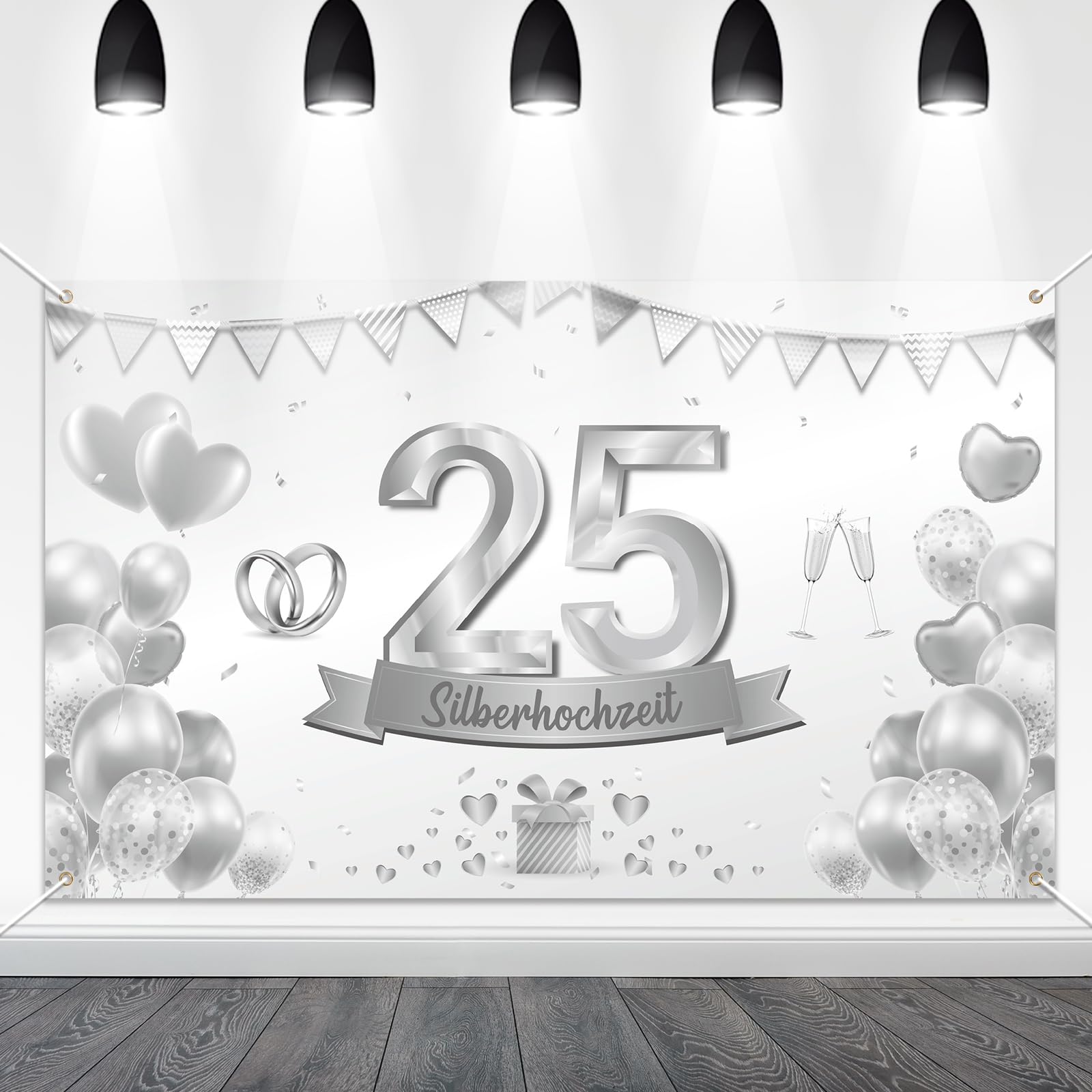 HAKOTOM Banner de bodas de plata, 184 x 97 cm, 25 aniversario de boda, decoración de 25 aniversario, banner de boda, decoración de boda, fondo plateado para hombres y mujeres, 25 aniversario, boda