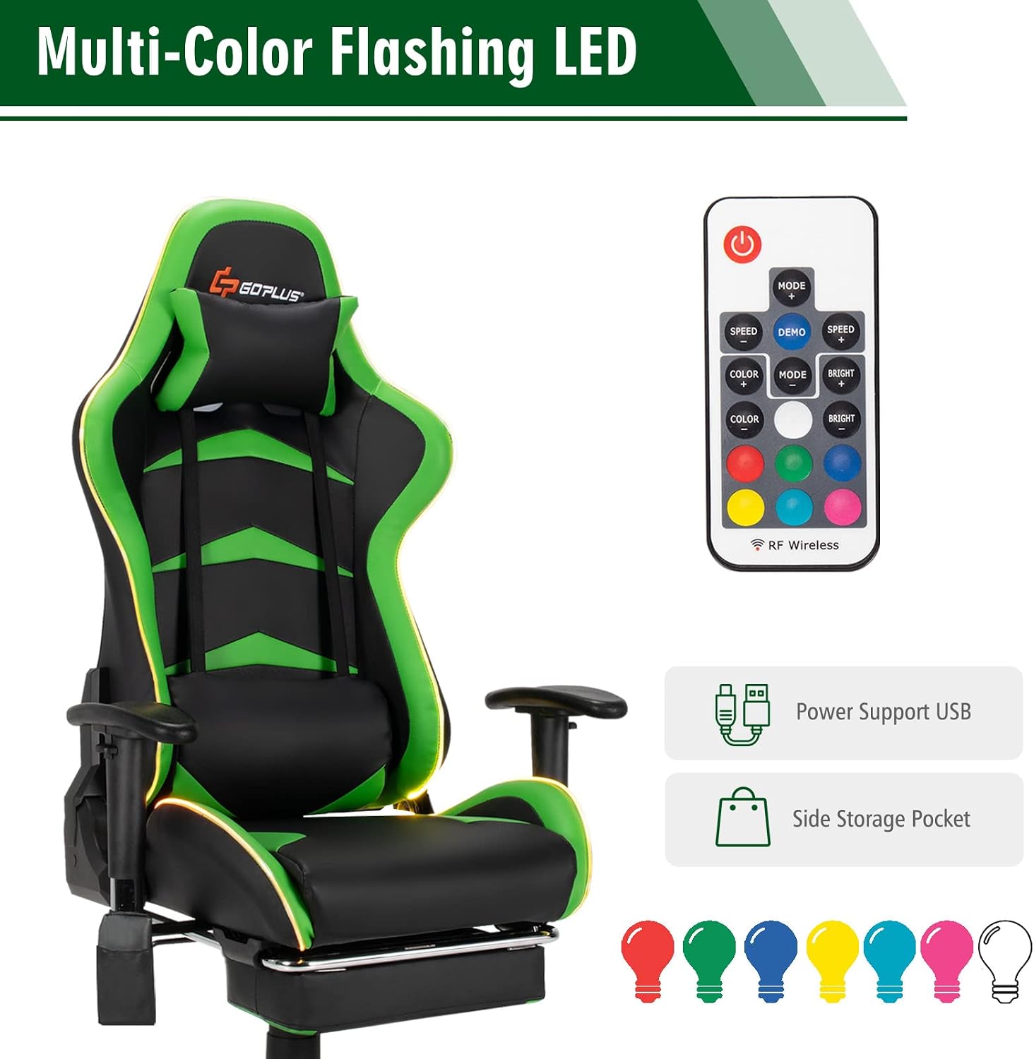 Goplus Massage Gaming Chair with LED Light, Reclining Backrest Handrails and Seat Height Adjustment Racing Computer Office Chair with Footrest, Ergonomic High Back PU Swivel Game Chair (Green)