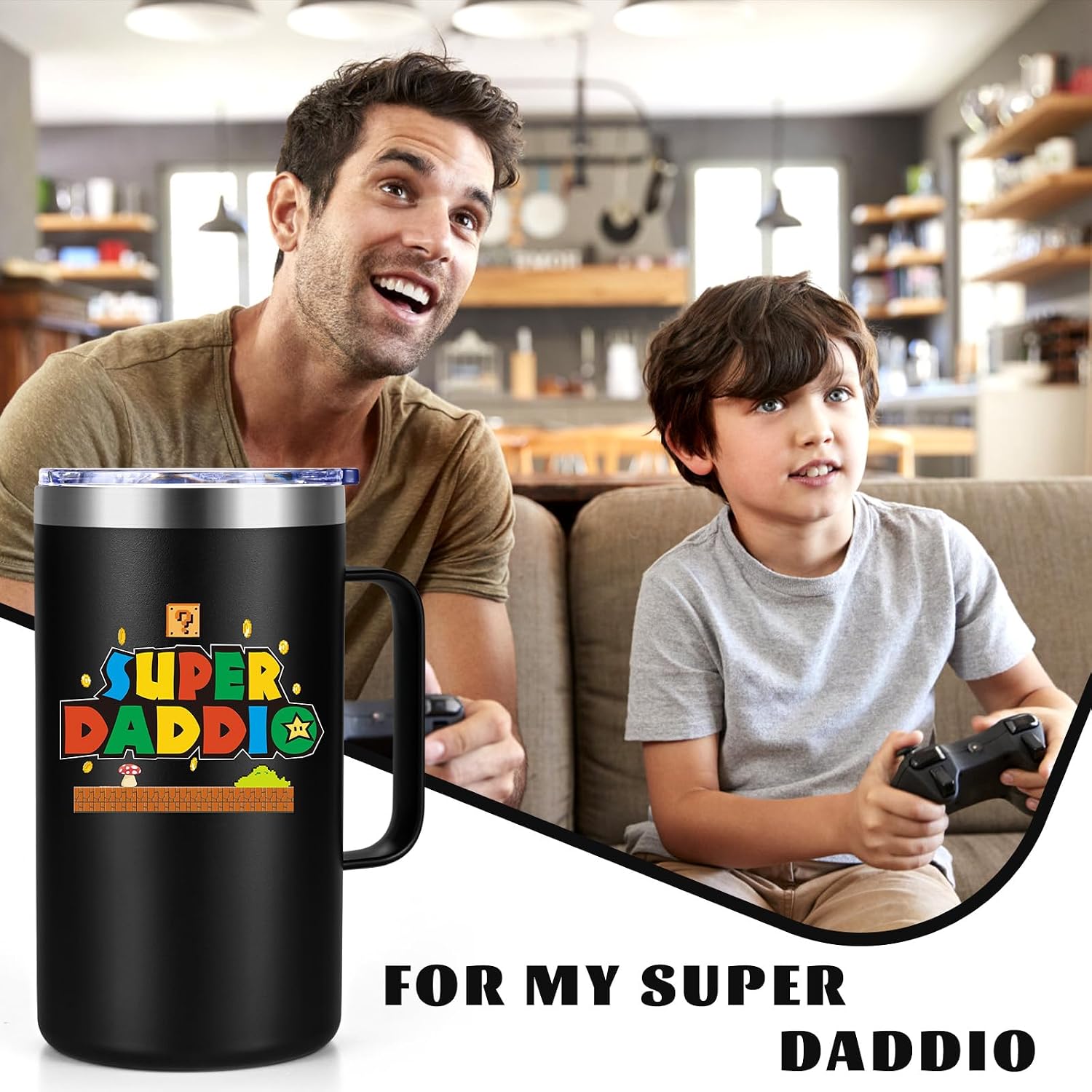 Lifecapido Super Daddio Insulated 20oz Black Coffee Mug - Cool Dad Gift for Fathers Day, Christmas, Birthdays