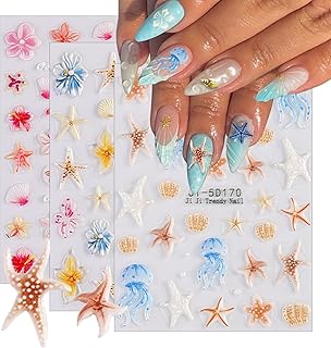 3Pcs Summer Nail Stickers for Nail Art, 5D Embossed Nail Decals Shell Starfish Jellyfish Flower Beach Nails Designs Self-Adhesive Nails Supplies for Women Summer Hawaii Nail Decoration Accessories