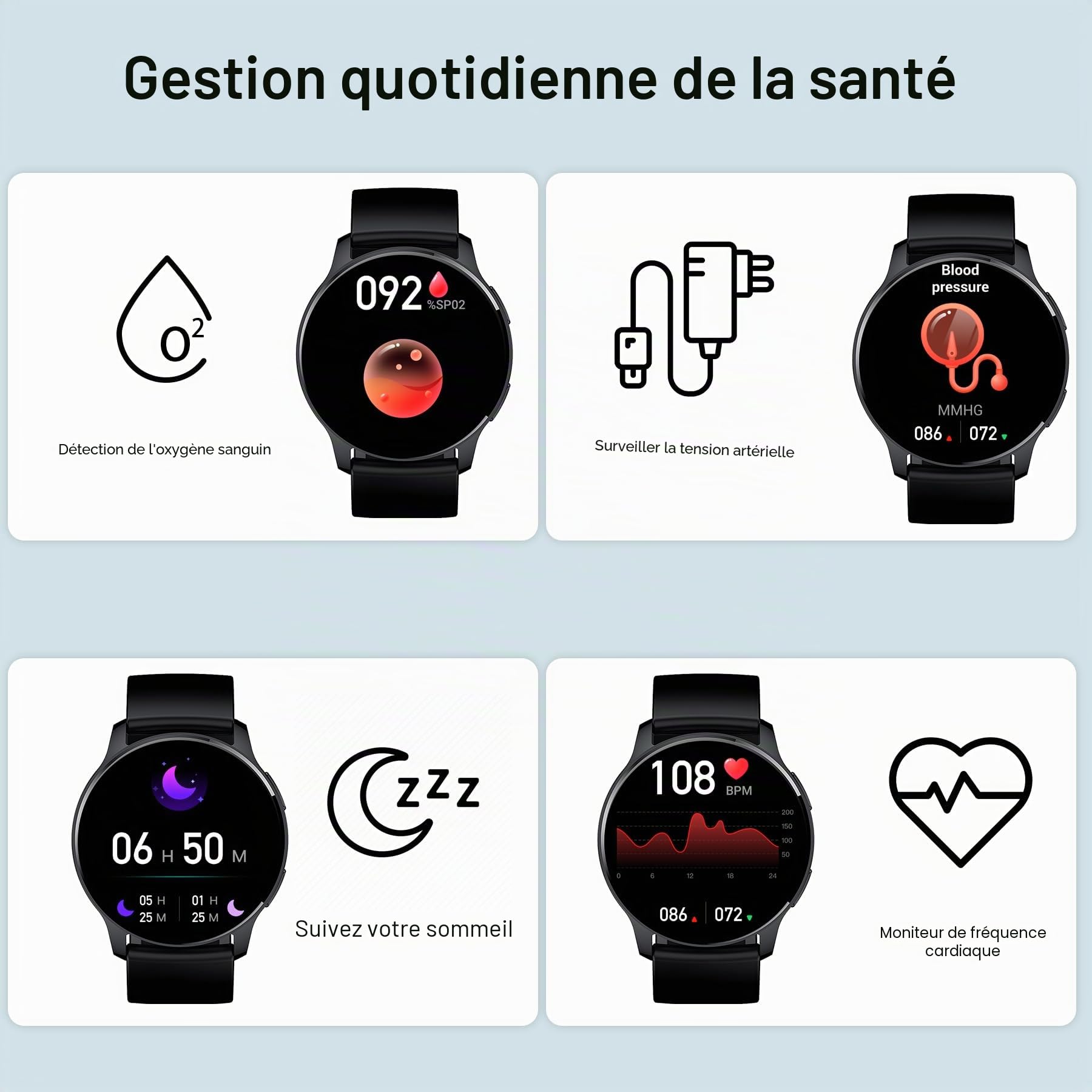 Montre connectée pour homme et femme, 1,32 pouces, suivi d'appels et de messages, 20 modes sportifs, podomètre, moniteur de fréquence cardiaque
