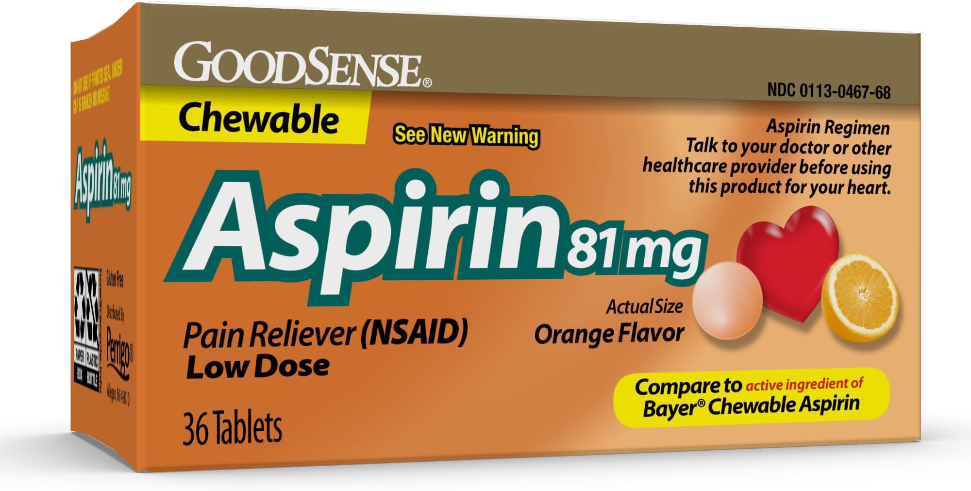 GoodSense Low Dose Aspirin - 81 mg Pain Reliever (NSAID) Chewable Tablets - Orange Flavor