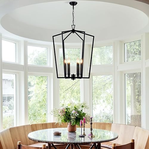 Miniatura 4 de Vezzio Candelabro negro, 6 luces modernas de granja, geométricas industriales, lámpara colgante para comedor, vestíbulo, isla de cocina, techo alto,