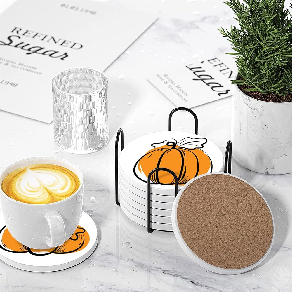 Fall Drink Absorbent Coasters with Holder Set of 6, Ceramic Stone with Cork Base, Orange Graphic Pumpkin Coaster for Drinks, Gift for Housewarming Room Bar Home Decor Kitchen image 4
