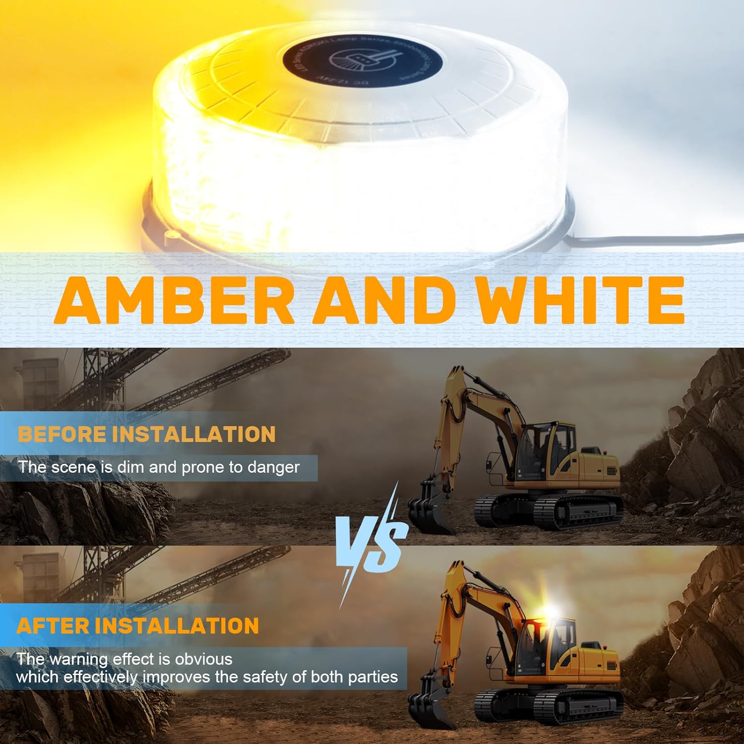 1PCS LED Strobe Beacon Light, Magnetic Beacon Flashing Safety Warning Emergency Light for Vehicles, Trucks, Forklift, Tractors, Golf Carts, Car, Tow, Cigarette Lighter Plug (Amber&White)