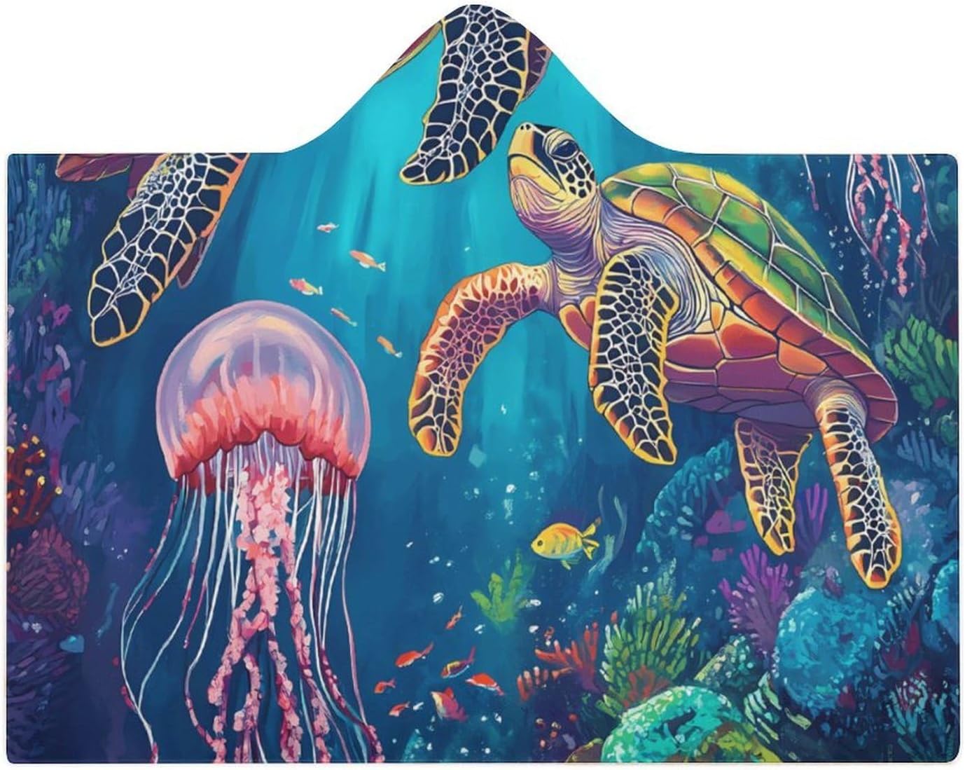 Ocean Turtles Jellyfish Coral Fashion Wearable Blanket Hoodie Fleece Throw Cloak Robe Unisex