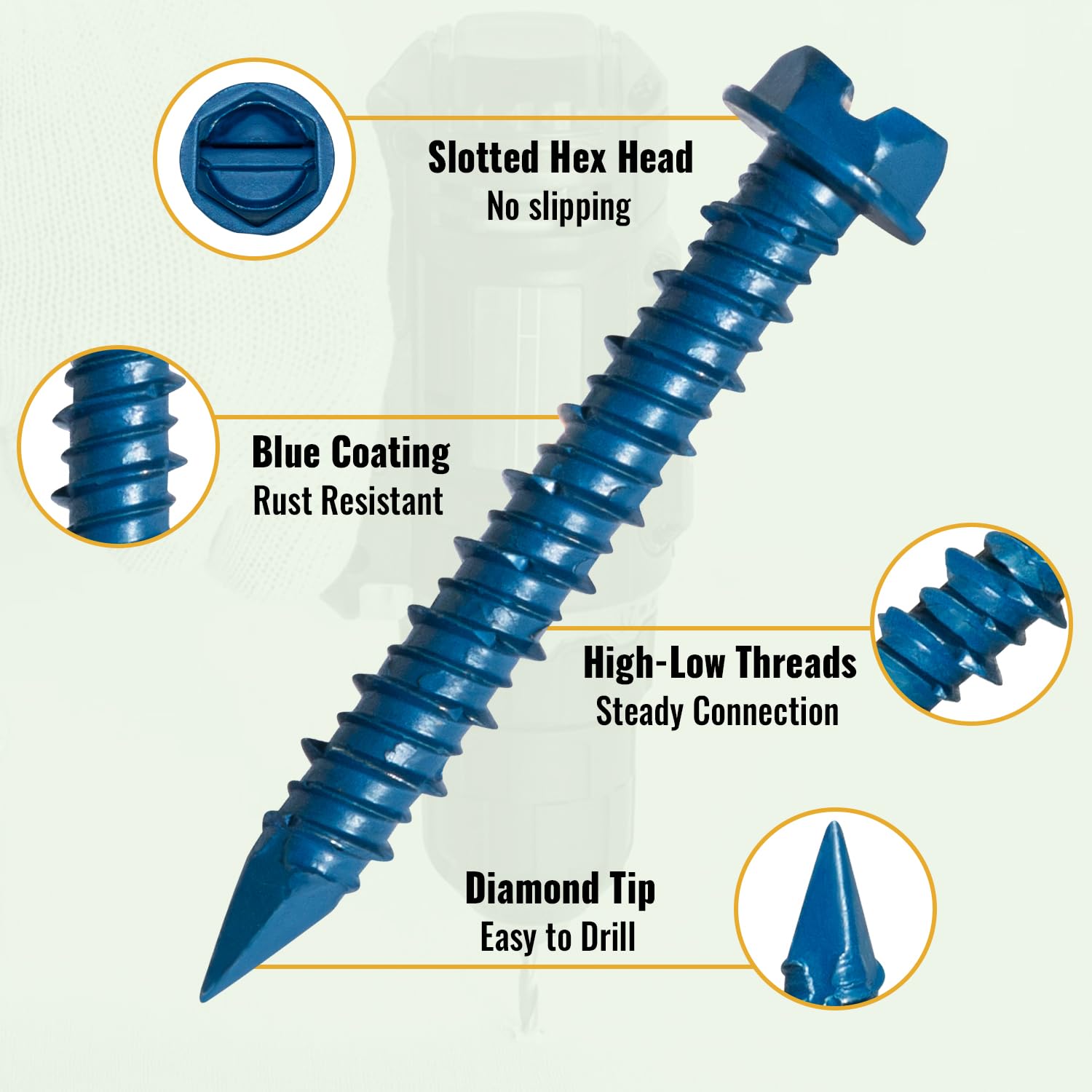 LIONMAX Concrete Screw Anchor, 50-PCS 1/4 Inch x 1-3/4 Inch Hex Head Concrete Screws for Masonry Stucco Brick or Cement, Diamond Tip, Rust Resistant Blue Coated, 1 Hex Socket and 1 Drill Bit