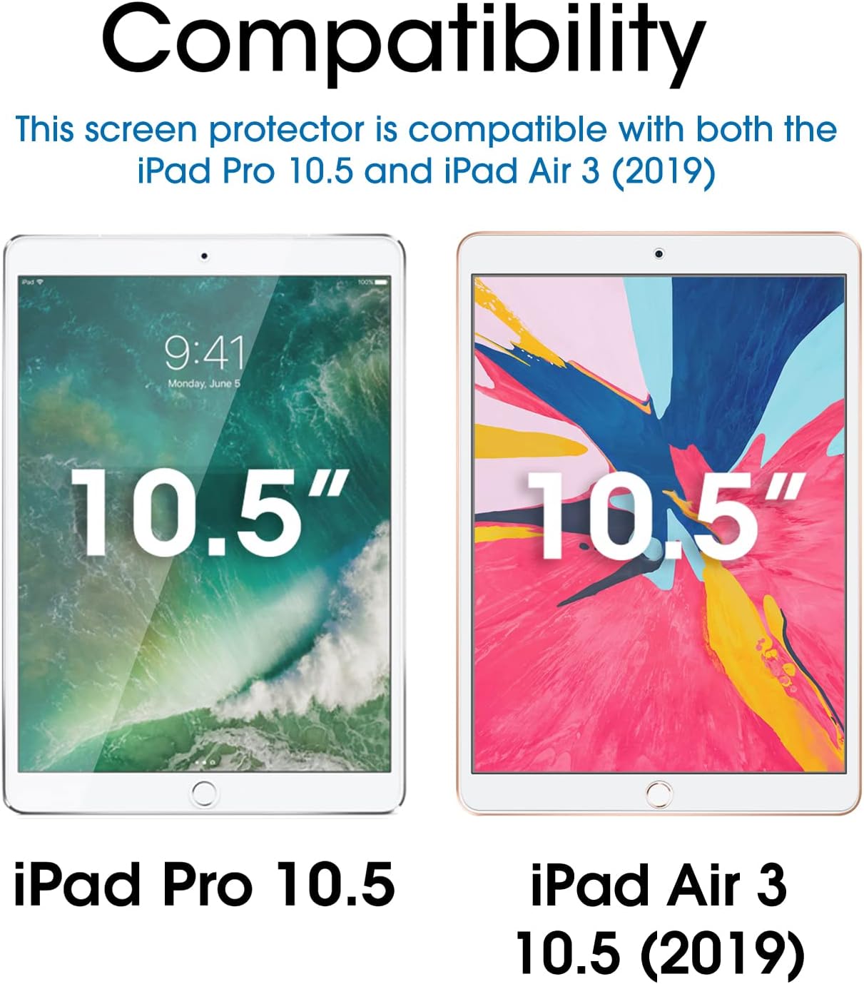 amFilm Glass Screen Protector for iPad Air 3, iPad Pro 10.5" (2017), Apple Pencil Compatible, Tempered Glass, 2 Pack