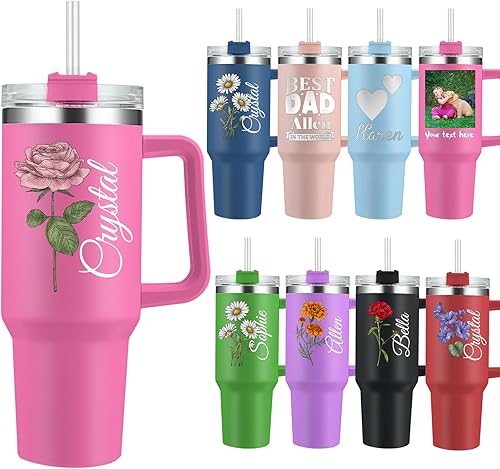 Vaso personalizado con asa de 40 onzas con nombre de flor de nacimiento personalizada con tapa para pajilla, vasos aislados de acero inoxidable,