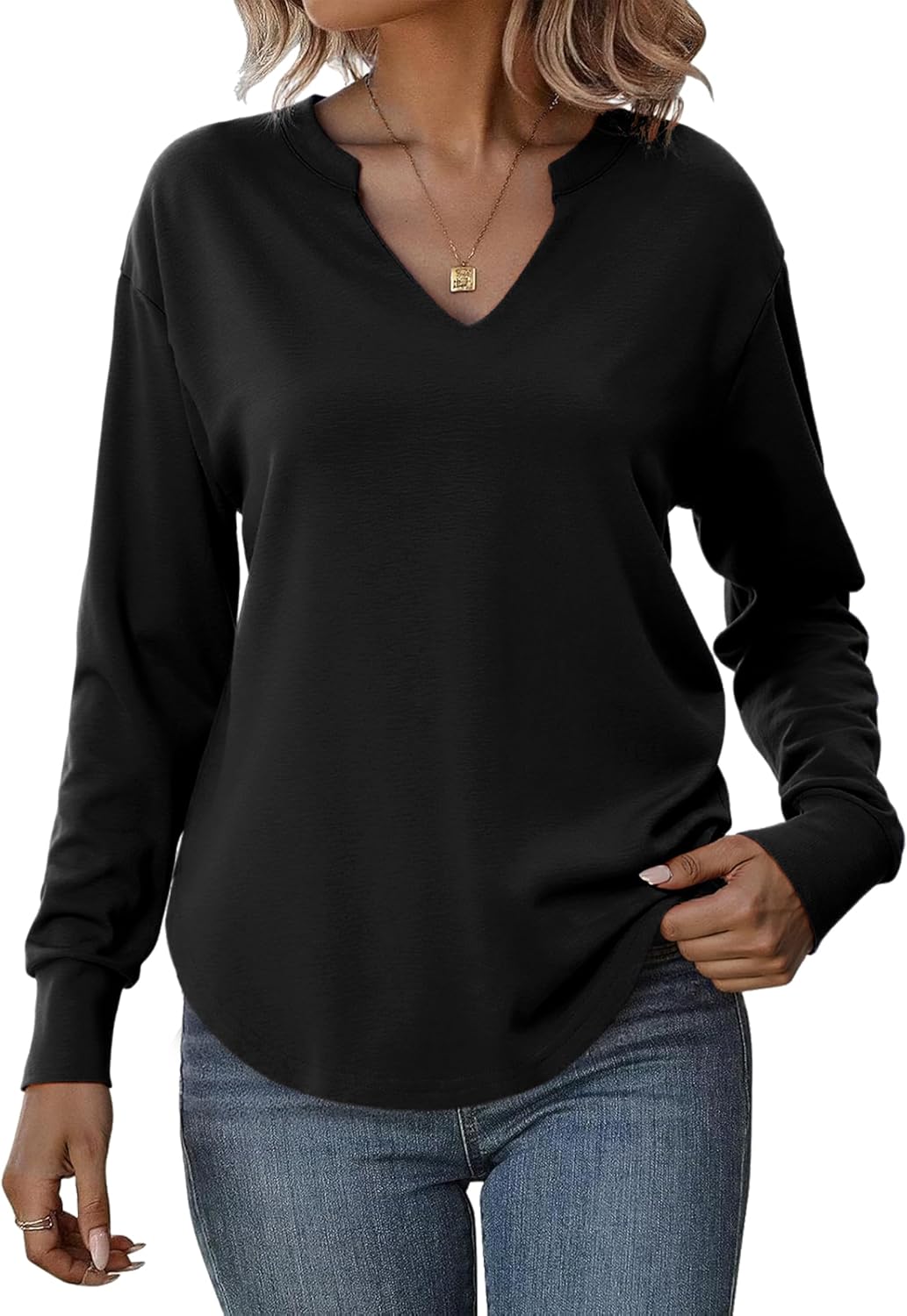 Totatuit Sweatshirts for Women V Neck Long Sleeve Shirts Loose Lightweight Curved Hem Casual Pullover Tops 2025 Fall