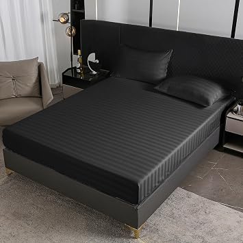 ZIQINPSQ Sateen Striped Fitted Sheet Twin Size, Soft Brushed Microfiber 15 Deep Pocket, 360 Elastic All-Round Wrap, Hotel Luxury Breathable Bed Cover - Black, No Pillowcases