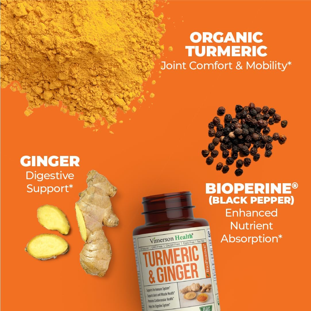 Tumeric and Ginger with Black Pepper - Natural Turmeric Curcumin Joint Support Supplement with Bioperine & 95% Curcuminoids. High Absorption Curcumin Supplements. Digestive & Immune Support. 60 Caps