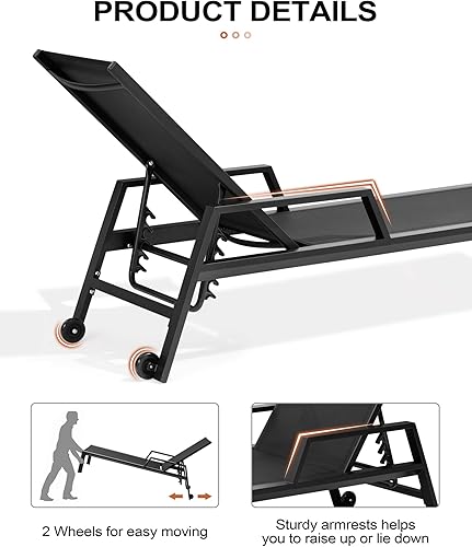 Miniatura 4 de Crestlive Products Sillón de aluminio para patio con ruedas para exterior, tumbona al aire libre con 5 posiciones ajustables para exteriores, patio,