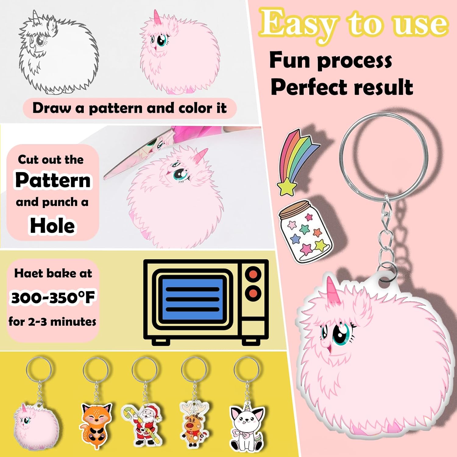 275PCS Shrinky Plastic Sheets Kit, Shrink Paper Keychain Kit Sheets Shrinky Art Kit 25PCS Shrink Paper 100PCS Keychains Open Iron Ring and Accessories for Creative Craft Marking, Handprint Keychains