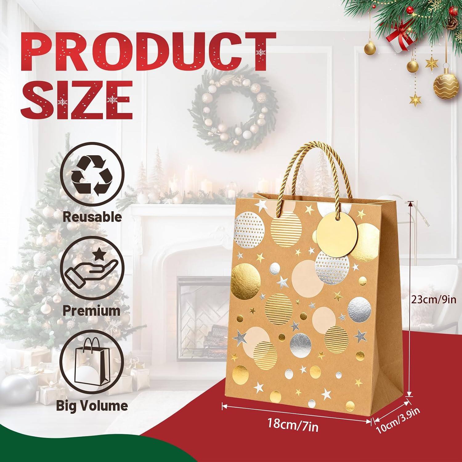 12Pcs Paper Bags with Handles, Christmas Kraft Gift Bags with Four Patterns image 2