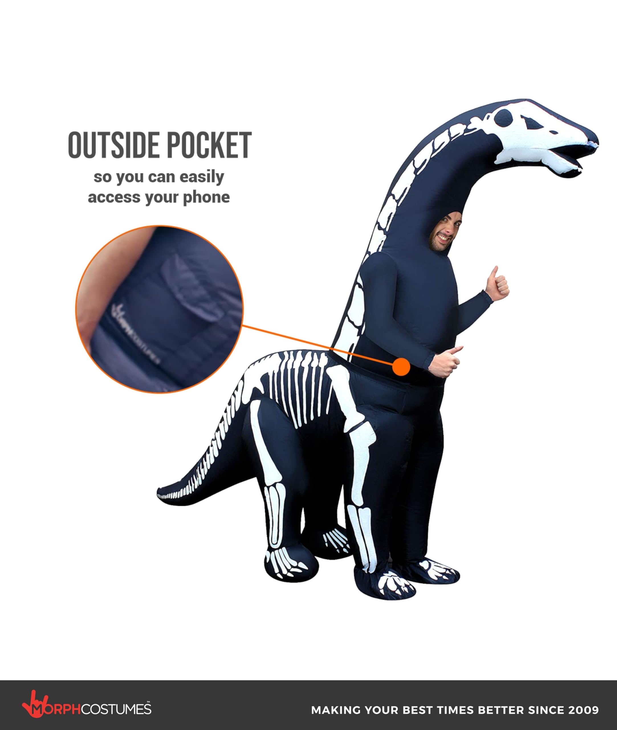 Morph Diplodocus Aufblasbar Kostüm Erwachsene, Halloween Kostüm Schwarz | Aufblasanzug mit Ventilator & langem Hals, Schwarzes Dino-Design, Bläst in 60 Sek auf, Perfekt für Halloween, Immer ein Hit