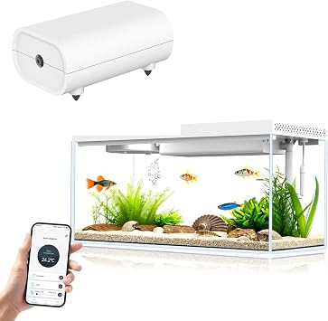 Sheawasy 1.3 Gallon Smart Glass Desktop Fish Tank Kit with Bluetooth App Control, Automatic Feeder, RGB Lighting - Includes Dedicated Smart Air Pump Add-on - Small Aquarium for Betta, Guppy, Shrimp