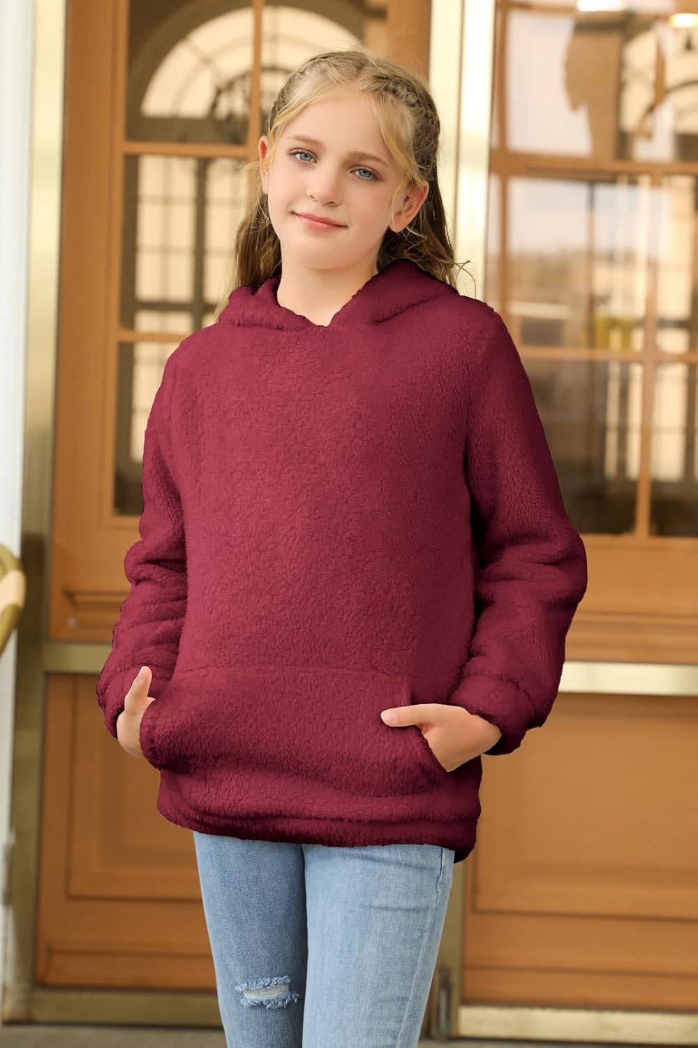 Haloumoning Girls Fuzzy Fleece Pullover Hoodies Sweatshirt Casual Loose Outwear Coat with Pockets 4-15 Years - Image 5