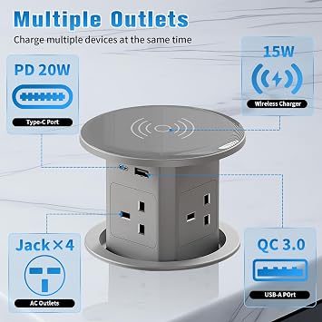 Pop Up Socket with 15W Wireless Charging - 4 AC Outlets, 1 USB Port, and 1 x 20W Type-C Port for Kitchen and Workspace, Overload Protection, Safe Power Solution [UK 13A / 110-250V / 2500W] (Grey)