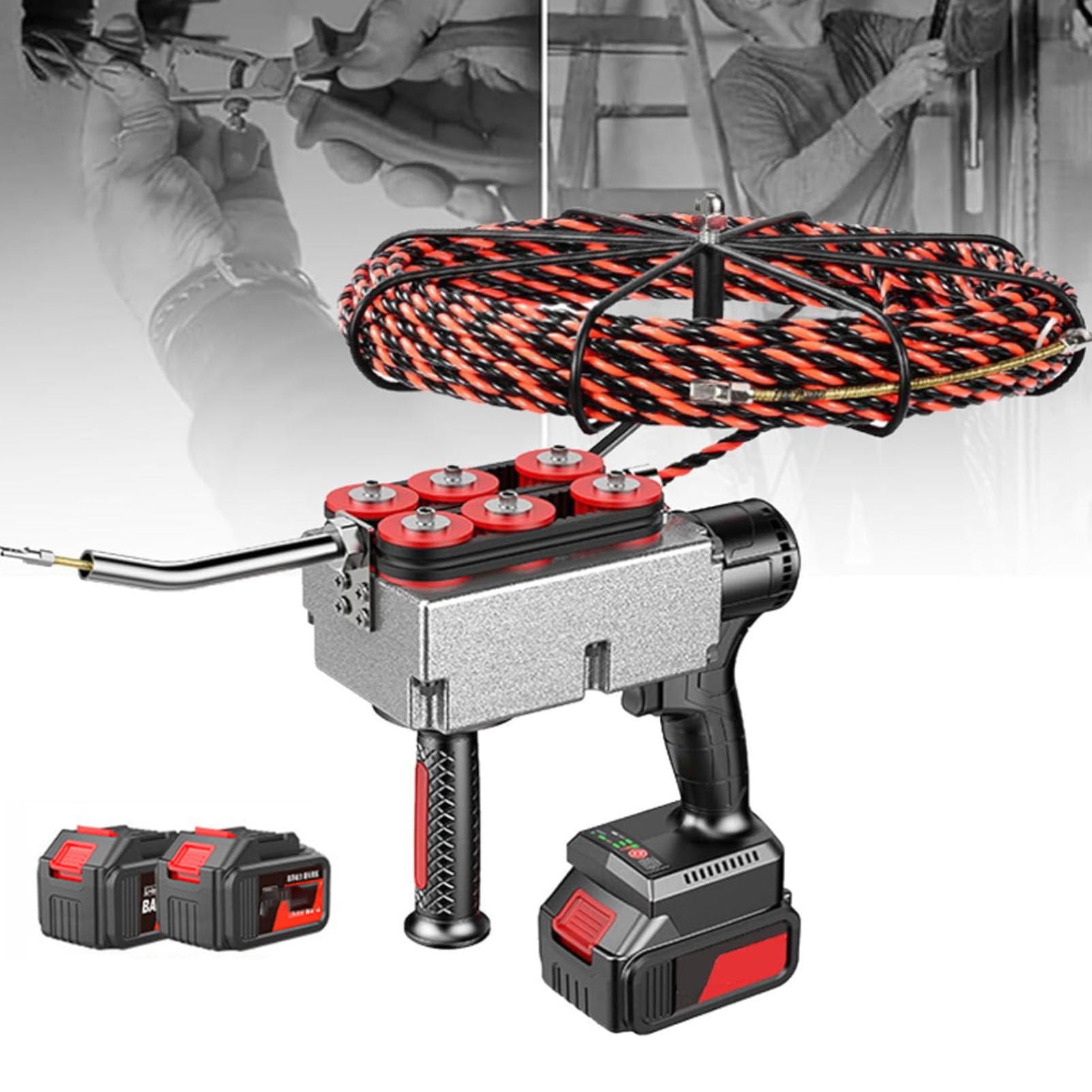 Tiracables eléctrico, máquina automática para enhebrar cables, cable eléctrico inalámbrico de 40 m/min, dispositivo para enhebrar tuberías ocultas con 2 baterías de litio,30mline