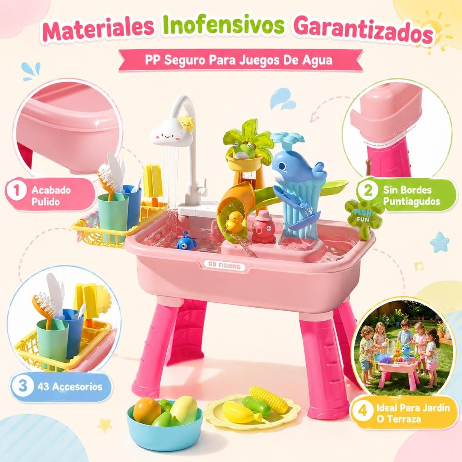 Genérico Mesa De Agua para Niños Y Niñas De 4 A 8 Años - Fregadero De Juego con Bomba | Incluye Tobogán, Pesca 43 Accesorios | Gracioso para Piscina Exterior Y Verano