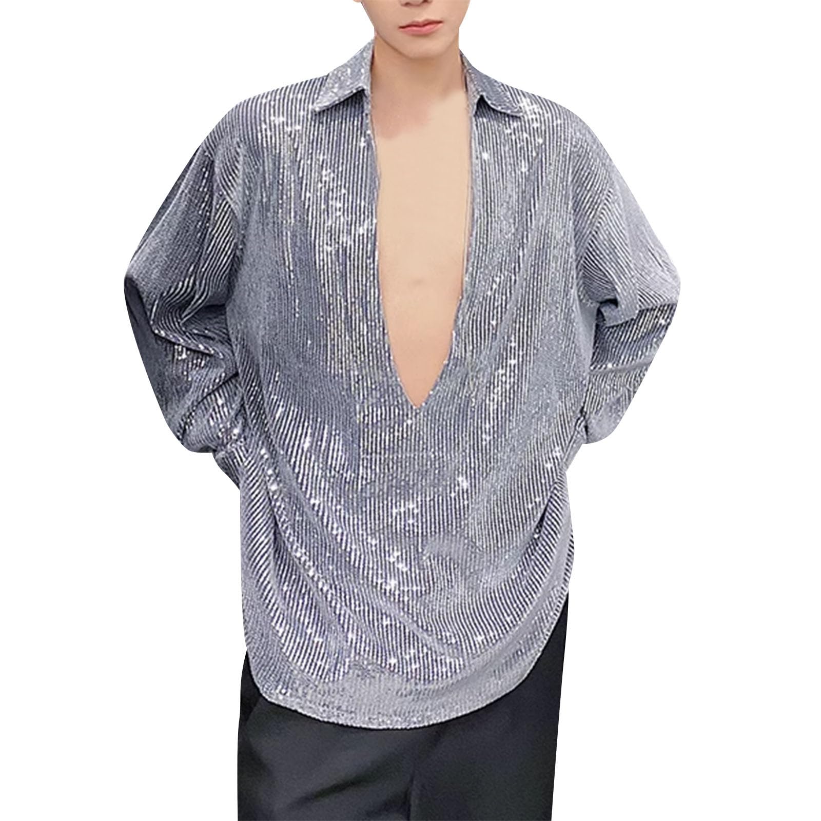Herren Sparkle Langarmhemd - Metallisch Glänzend, Regenbogen-Streifen, 70er/80er Disco Look