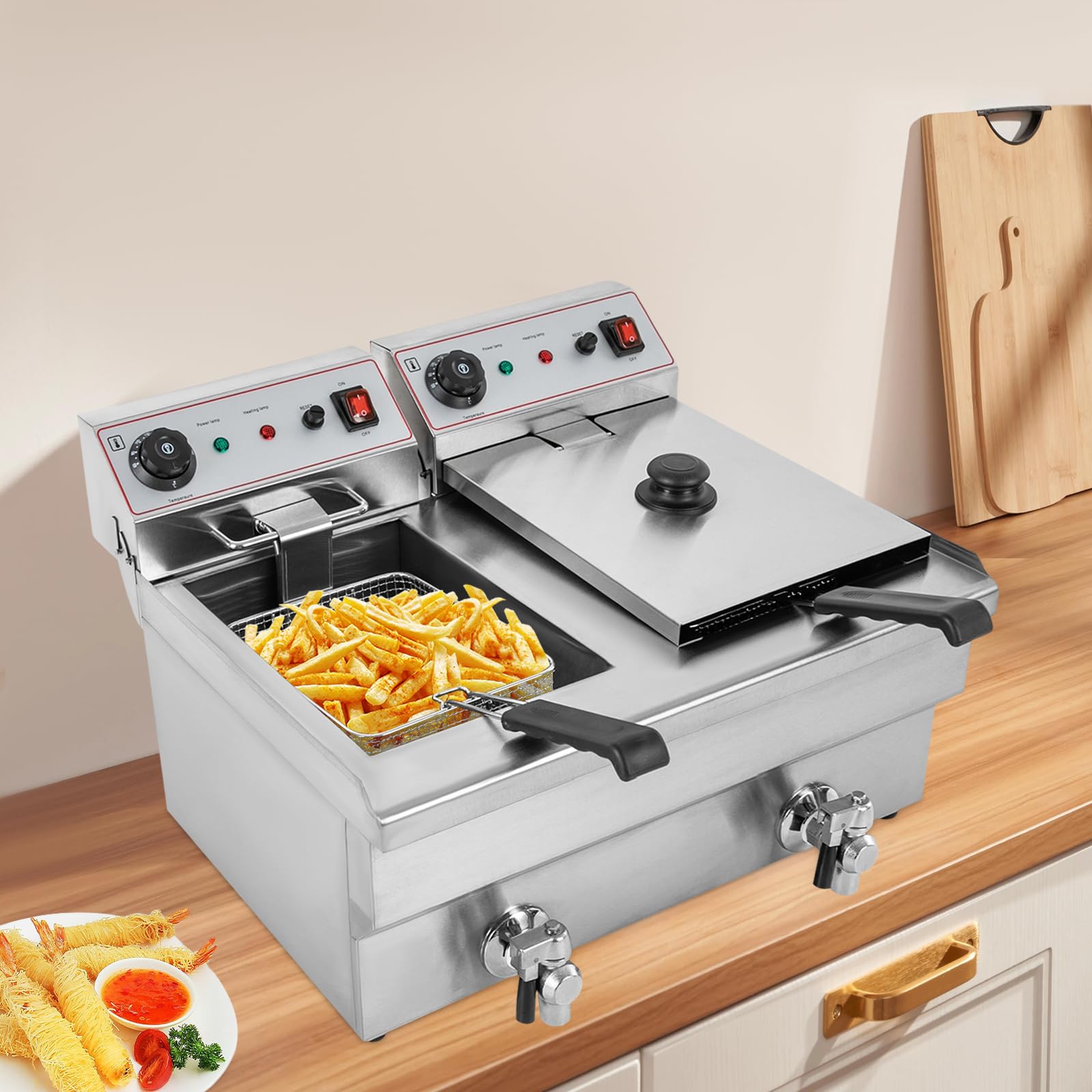 Double friteuse électrique 2 x 10 l en acier inoxydable 6000 W avec thermostat 60-200 °C, robinet de vidange, zone froide, protection contre la surchauffe, double friteuse pour restaurant