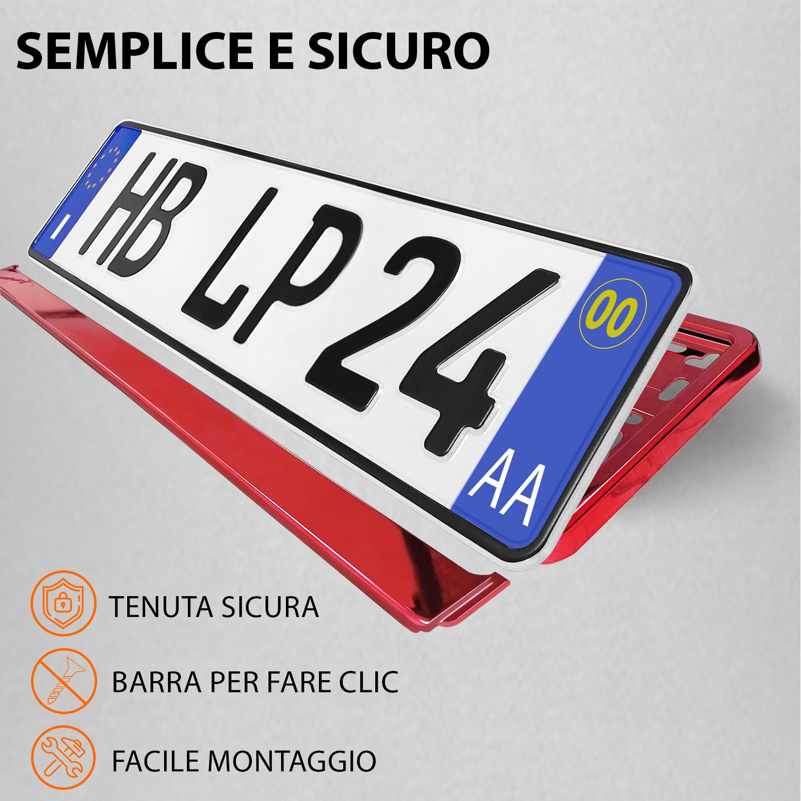 Portatarga Auto - Supporto Targa - [semplice, durevole e sicuro] - 8 viti - 520x110 mm - Rosso Cromo - Porta Targa - adatto a qualsiasi auto - per targhe italiane omologate - Fissaggio per Targa
